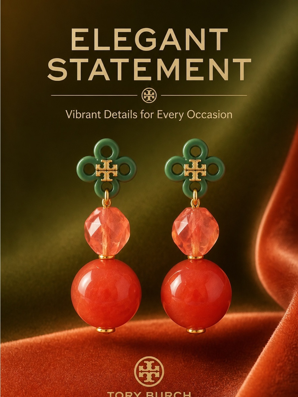 Tory Burch Green Clover & Orange Bead Drop Earrings